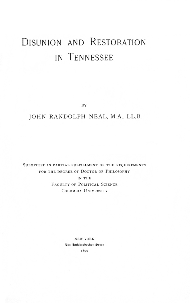 Disunion and Restoration in Tennessee