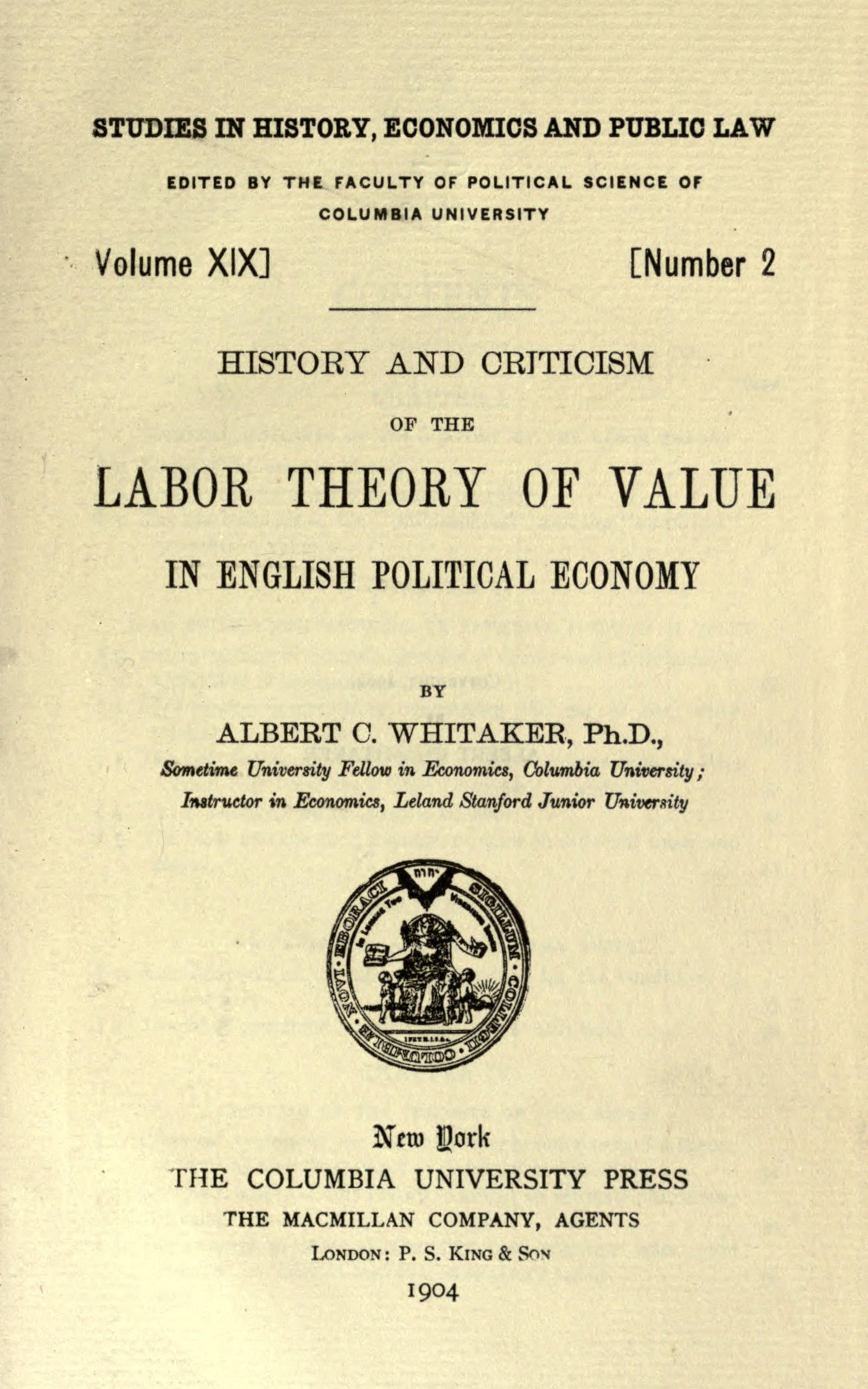 History and criticism of the labor theory of value in English political economy