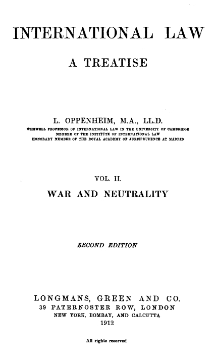 International Law Vol. II, by Oppenheim, Lassa