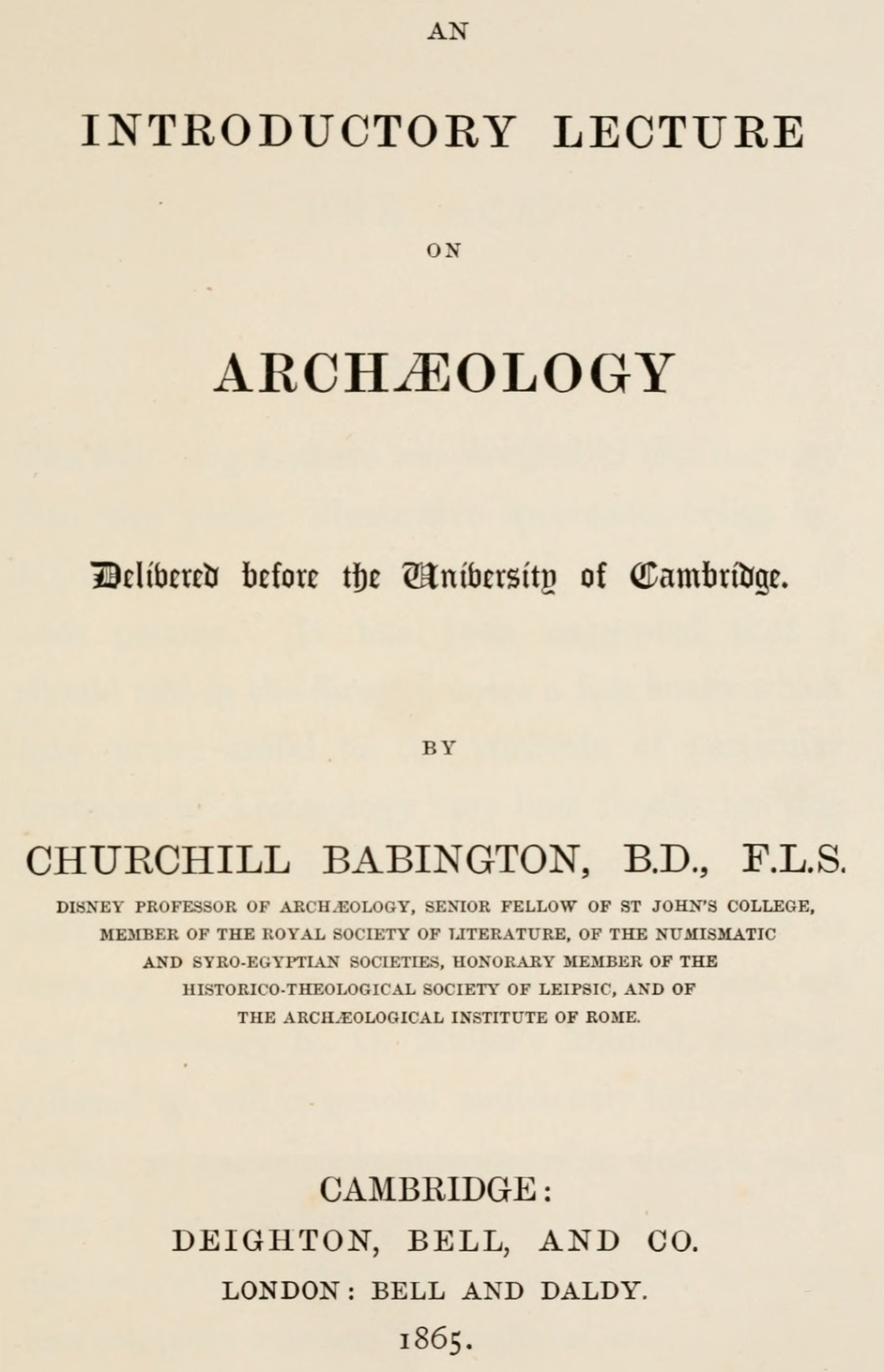 Introductory Lecture on Archæology, Churchill Babington