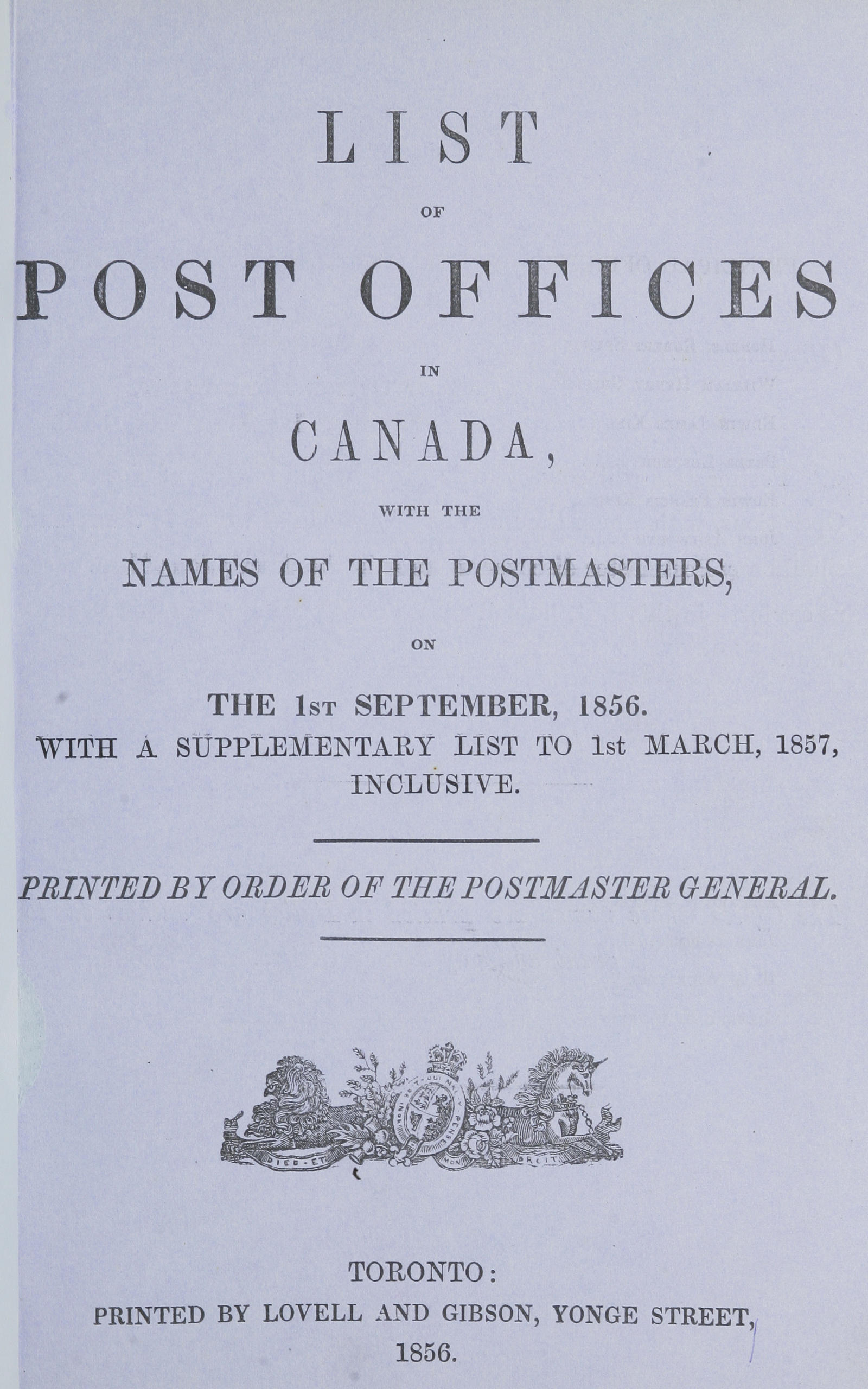 List of Post Offices in Canada 1856