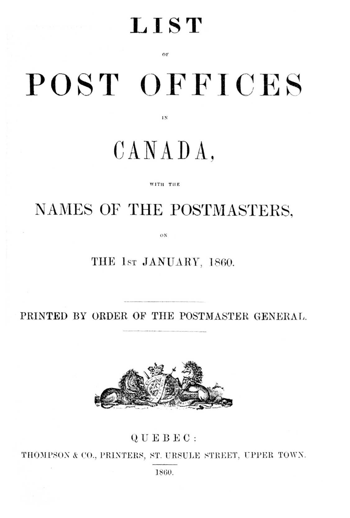 List of Post Offices in Canada 1860