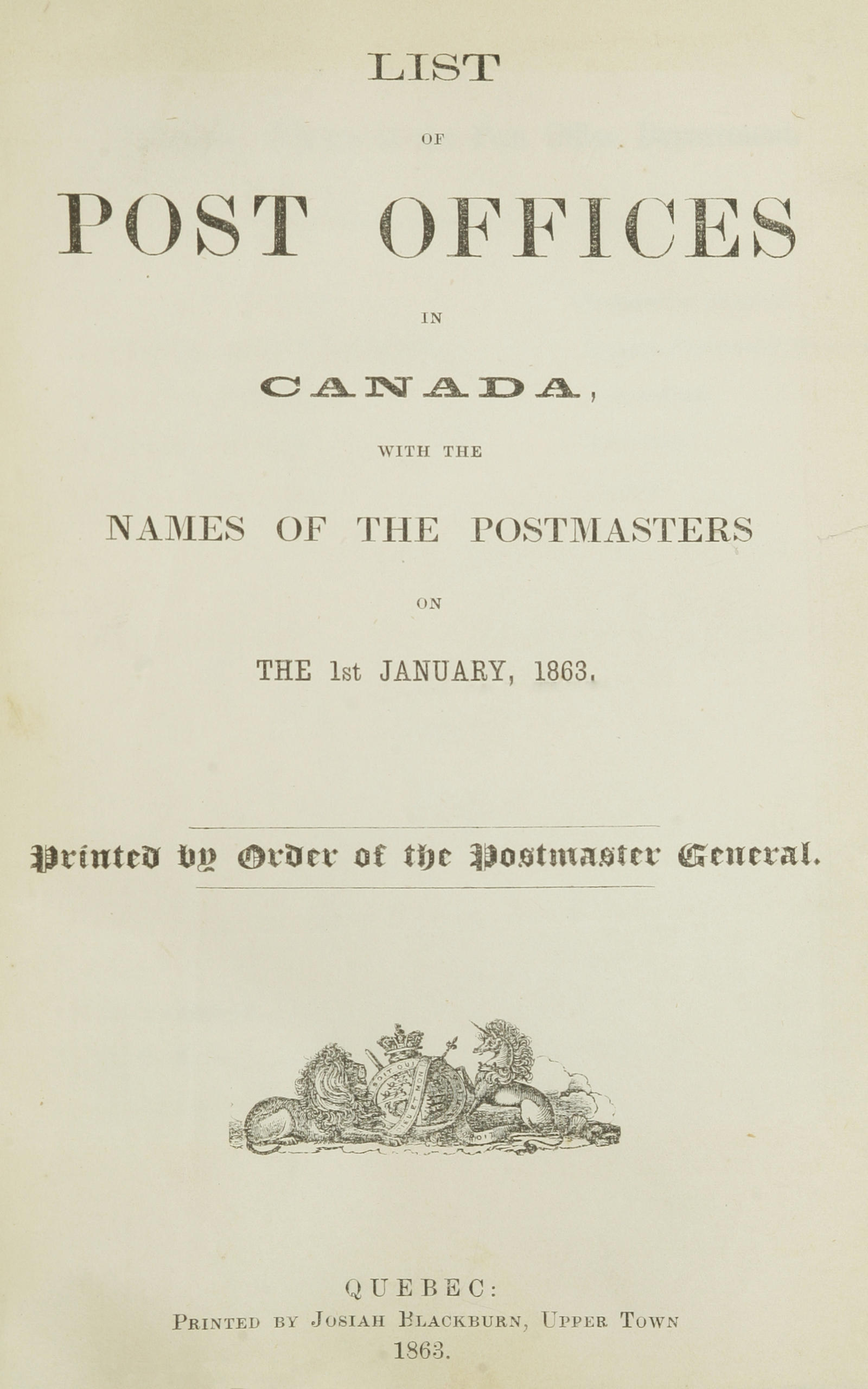 List of Post Offices in Canada 1863