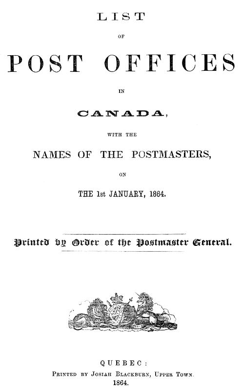 List of Post Offices in Canada 1864