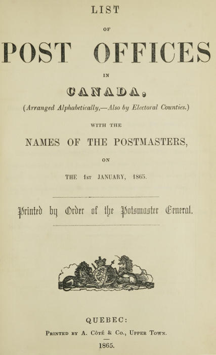 List of Post Offices in Canada 1865