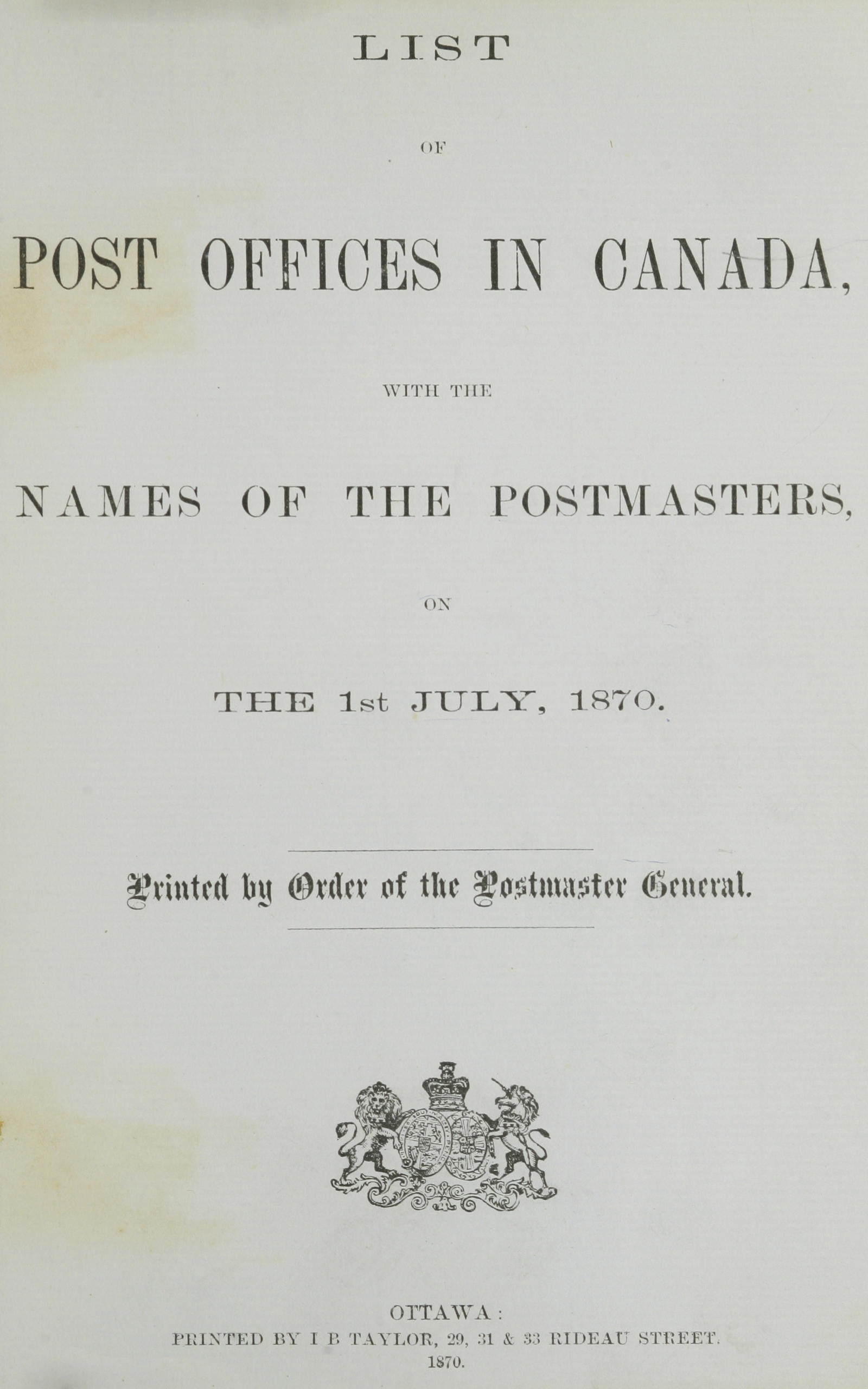 List of Post Offices in Canada 1870