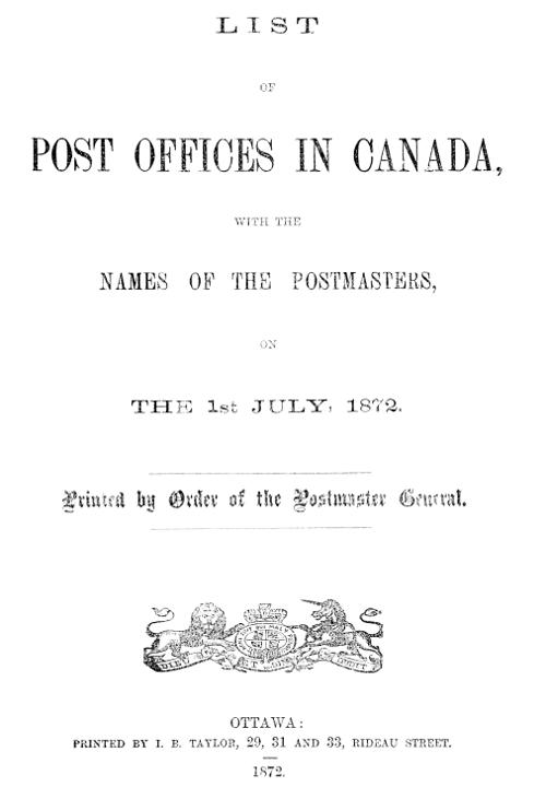 List of Post Offices in Canada 1872