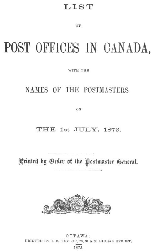 List of Post Offices in Canada 1873