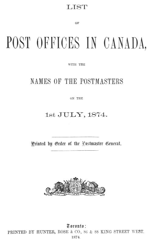 List of Post Offices in Canada 1874