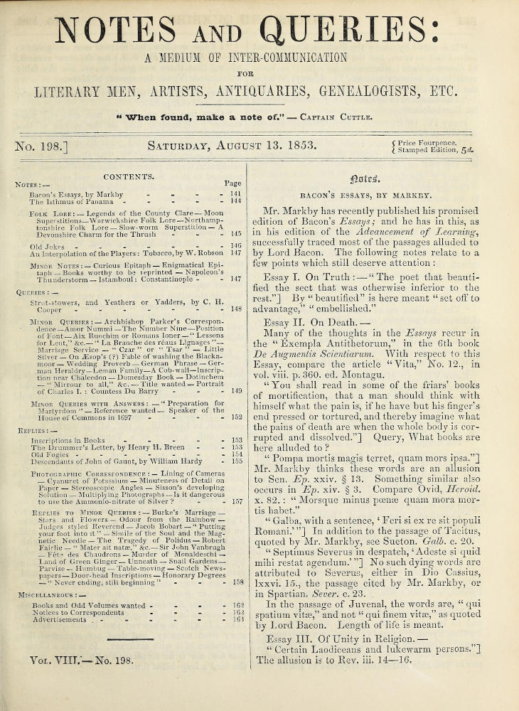Notes and Queries, Issue 198