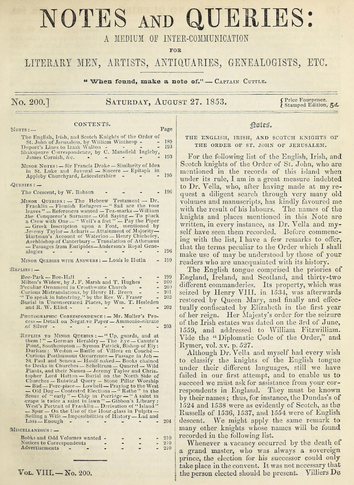 Notes and Queries, Issue 200