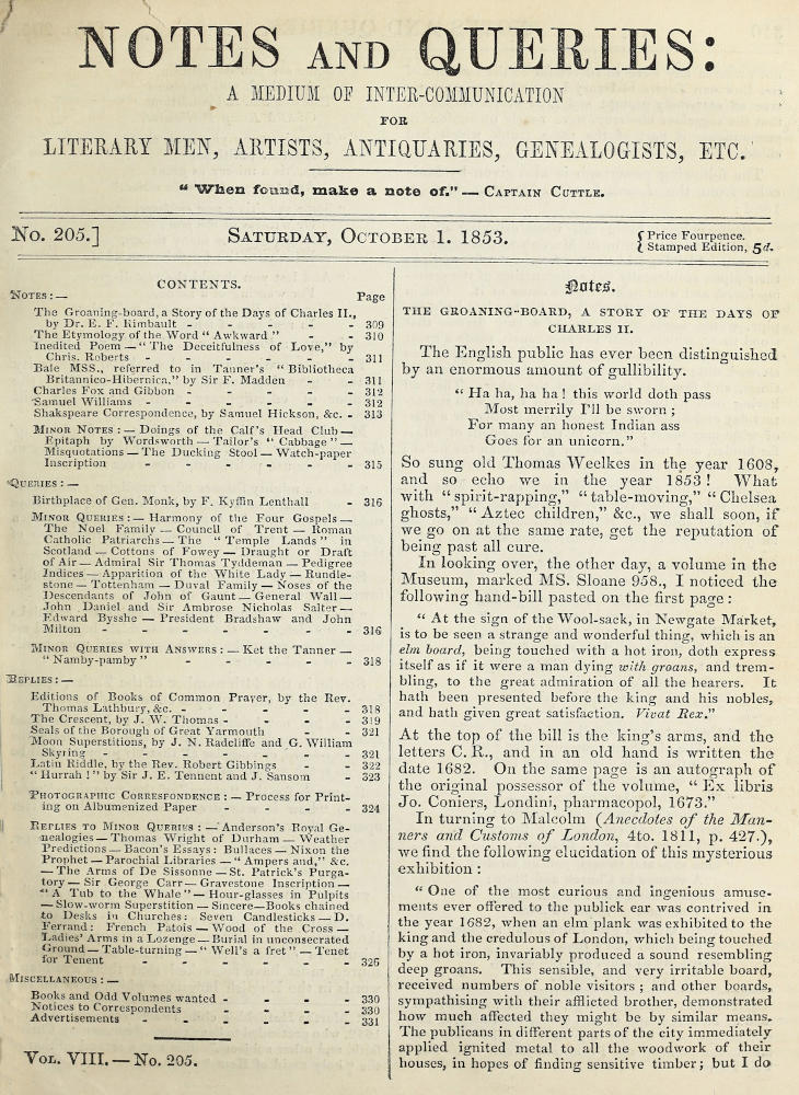 Notes and Queries, Issue 205
