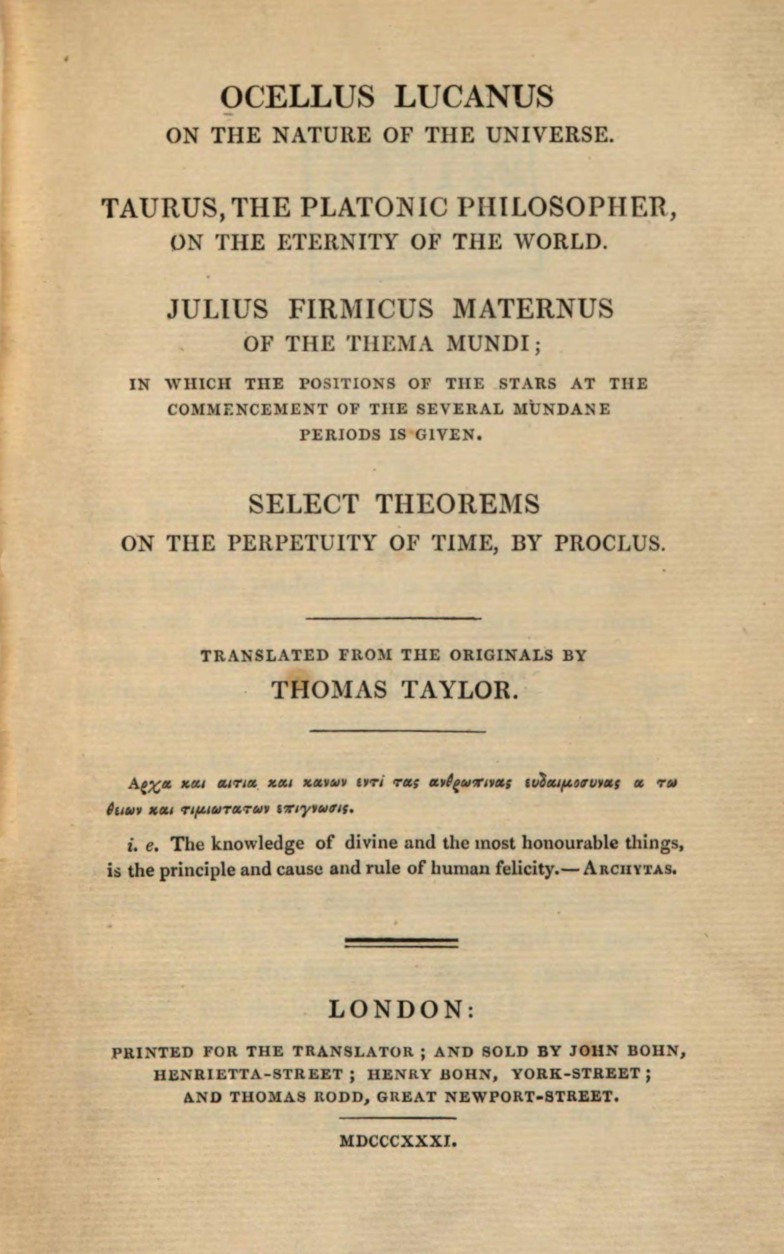 Ocellus Lucanus on the nature of the universe, &c
