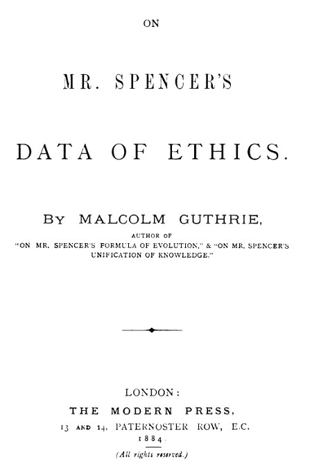 On Mr. Spencer's Data Of Ethics