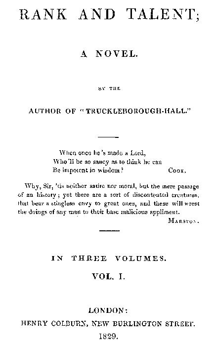 Rank and Talent; A Novel In Three Volumes, Volume 1
