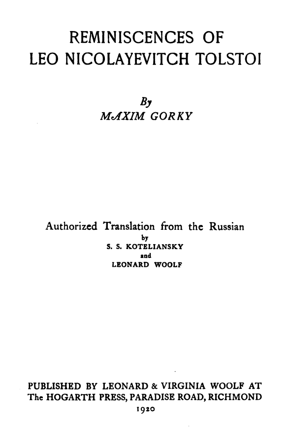 Reminiscences of Leo Nicolayevitsch Tolstoi