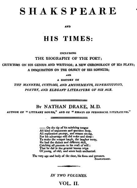 Shakspeare and His Times (Vol. II. of II.), by Nathan Drake, M.D