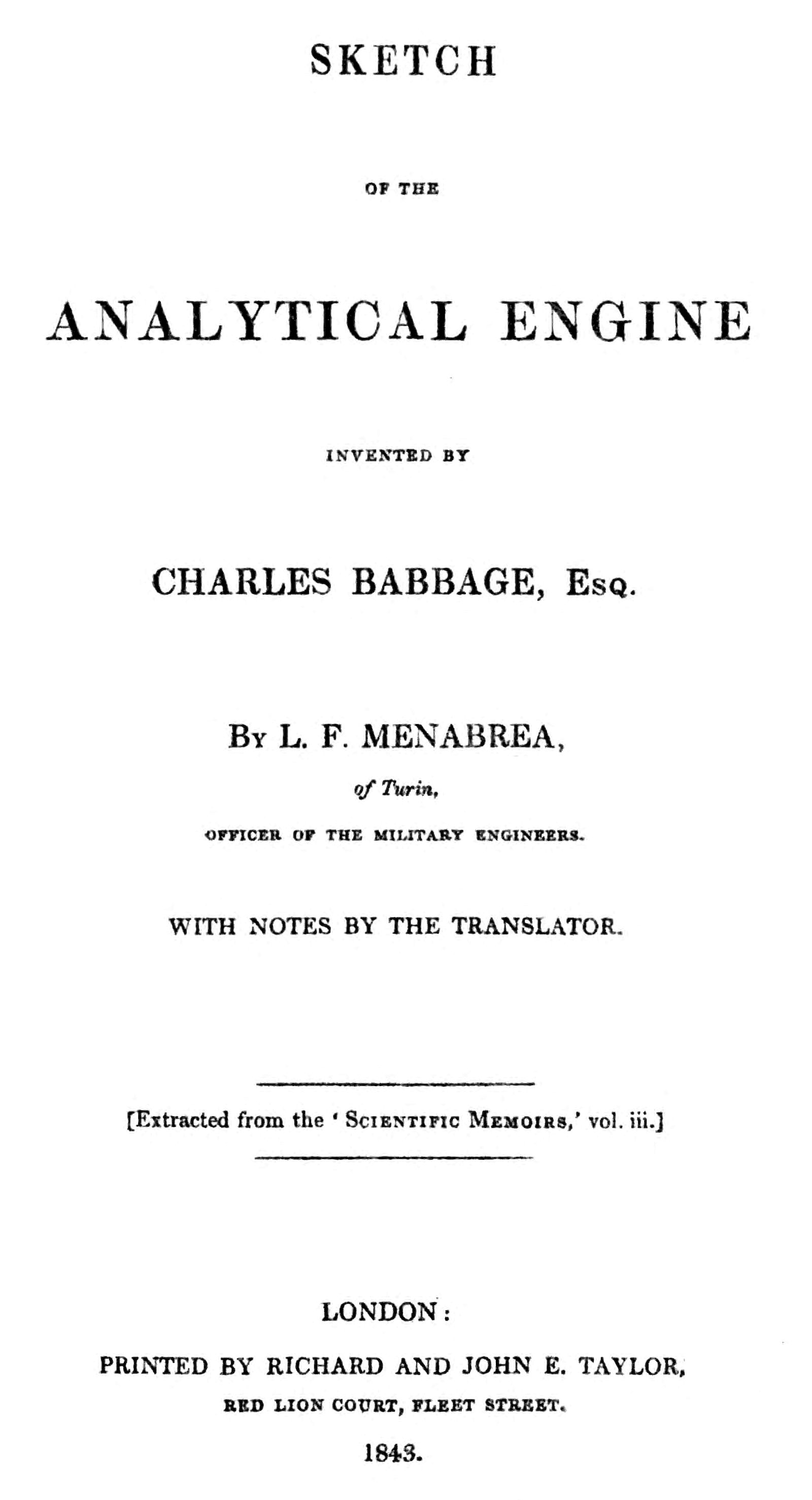 Sketch of the Analytical Engine invented by Charles Babbage, Esq