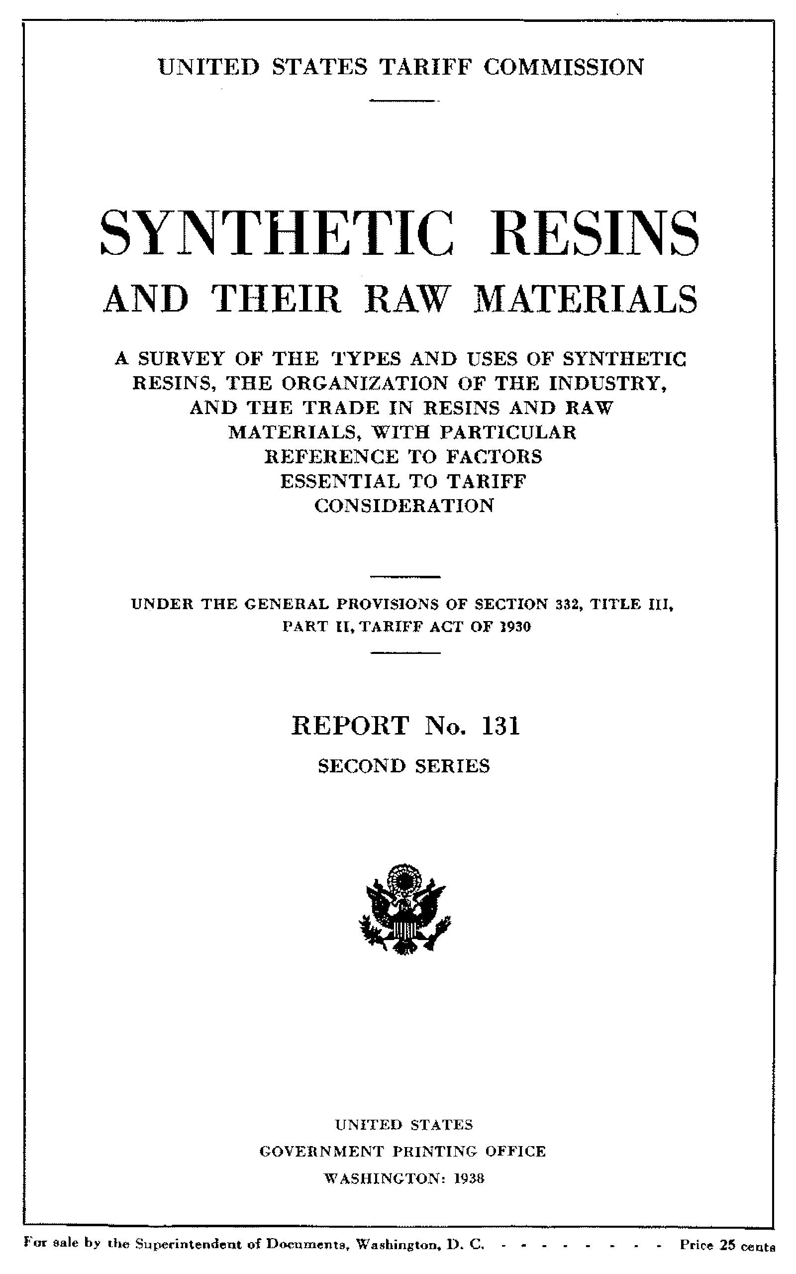 Synthetic resins and their raw materials, report no. 131, second series
