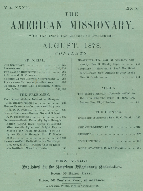 The American Missionary -- Volume 32, No. 8, August, 1878