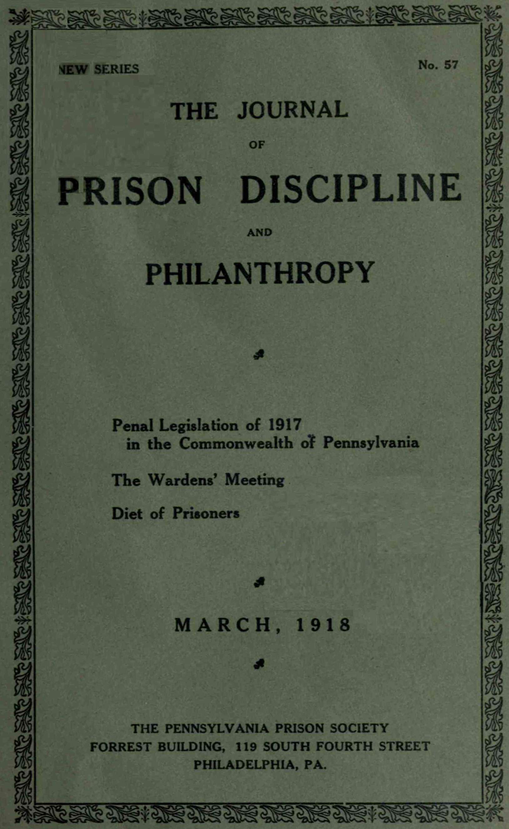 The Journal of Prison Discipline and Philanthropy (New Series, No. 57), March, 1918
