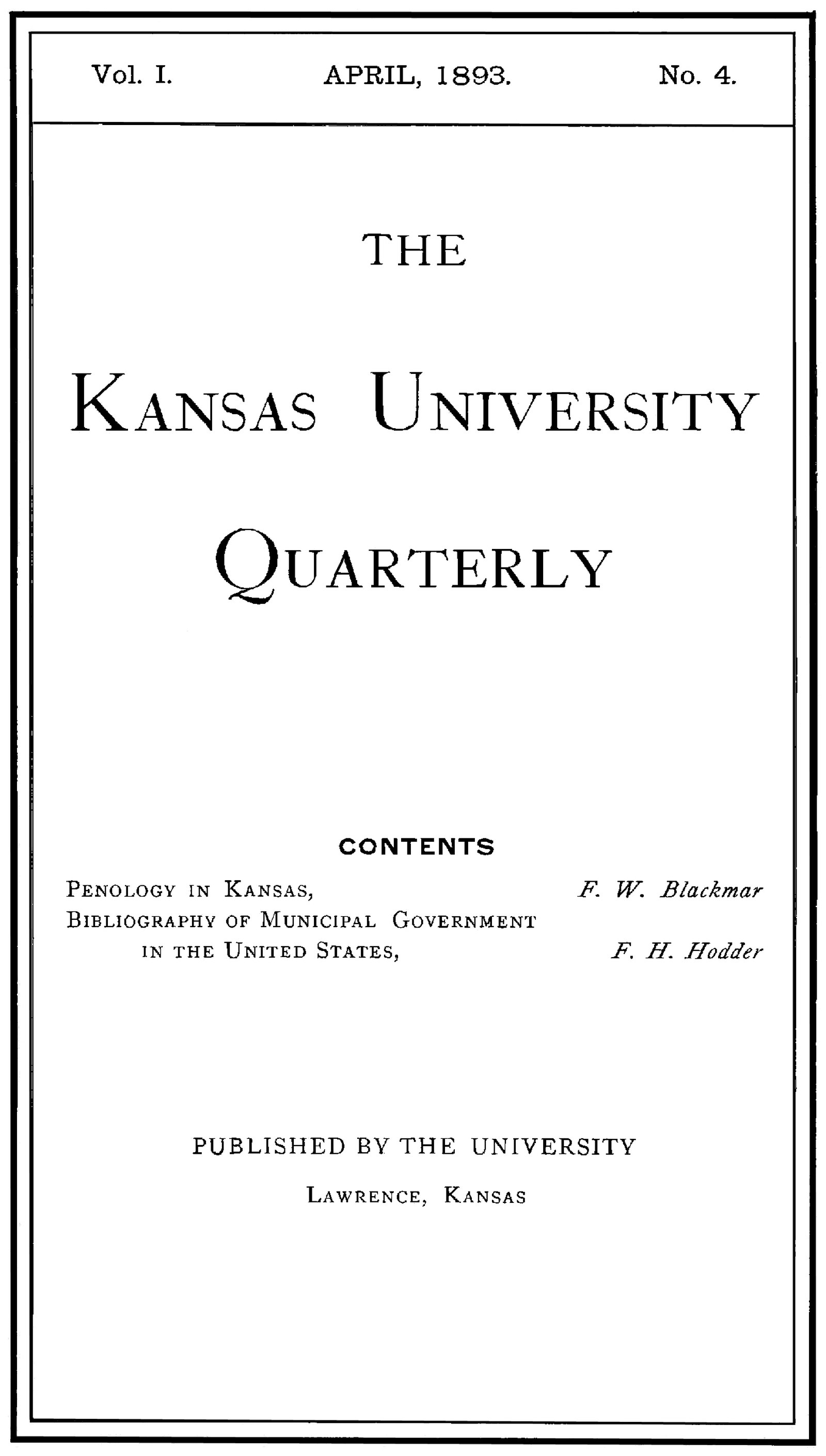 The Kansas University Quarterly Vol. I, No. 4