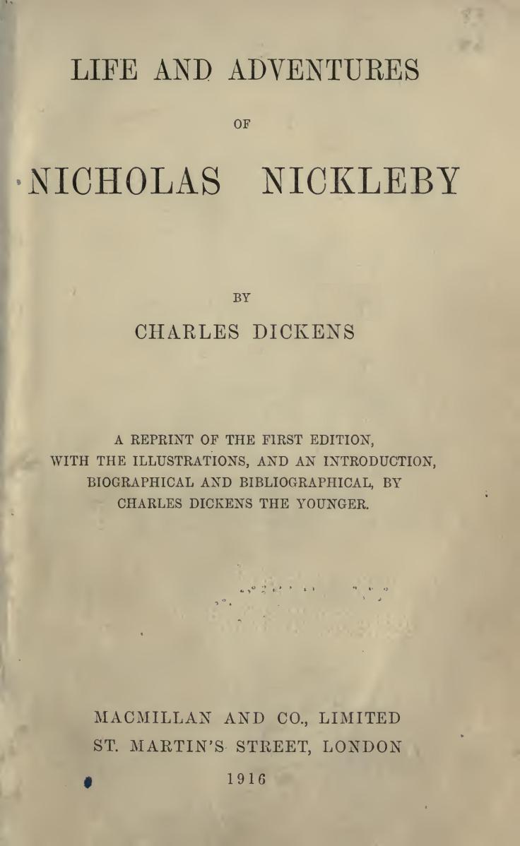 The Life and Adventures of Nicholas Nickleby