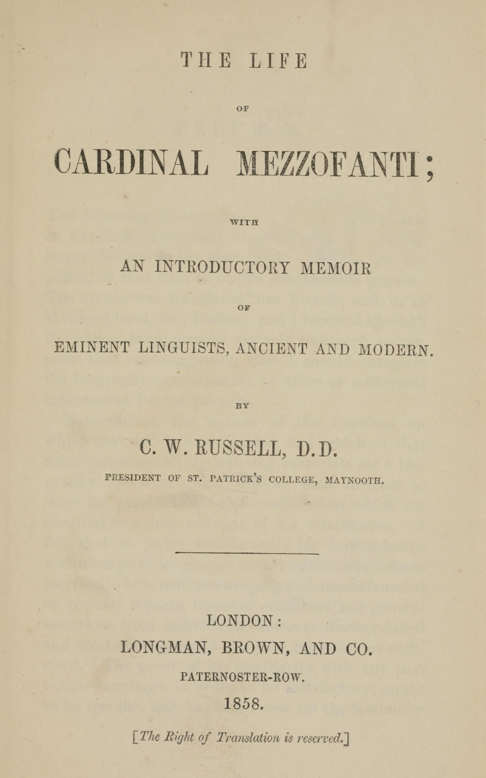 The Life of Cardinal Mezzofanti, by C. W. Russell, D.D