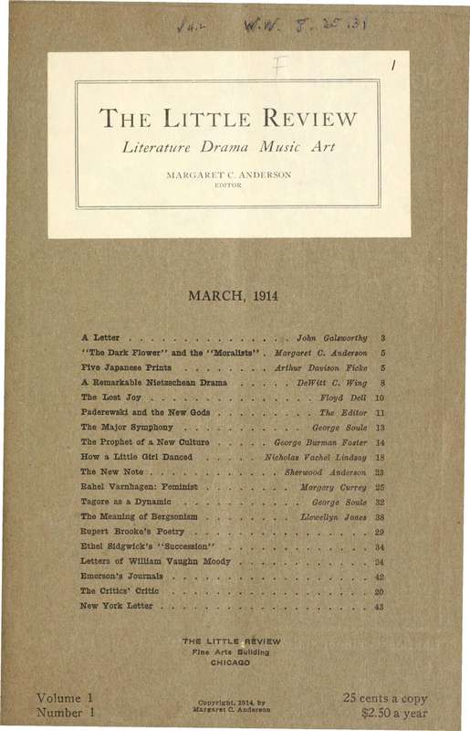 The Little Review: 1914/03 (Vol. 1, No. 1), Ed. Margaret C. Anderson