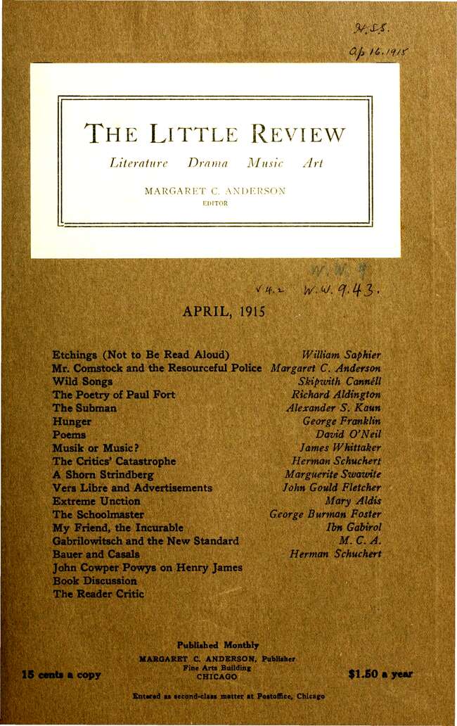 The Little Review, April 1915 (Vol. 2, No. 2), Ed. Margaret C. Anderson
