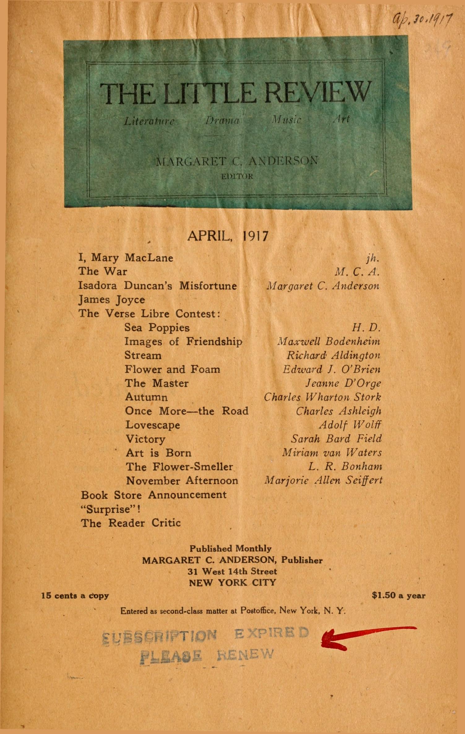 The Little Review, April 1917 (Vol. 3, No. 10)