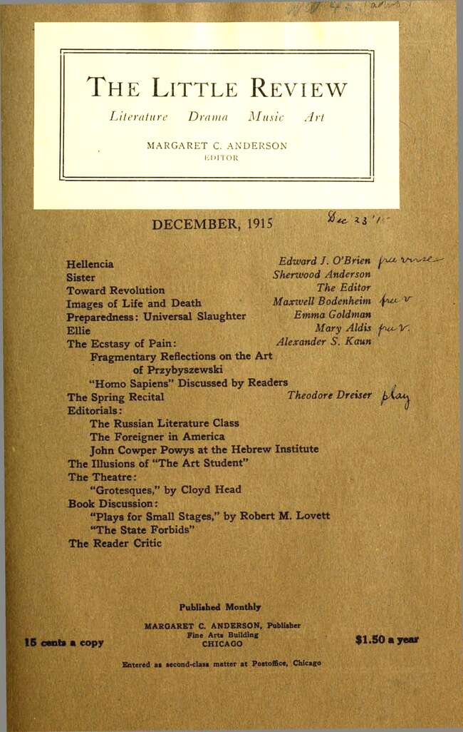 The Little Review, December 1915 (Vol. 2, No. 9), Ed. Margaret C. Anderson