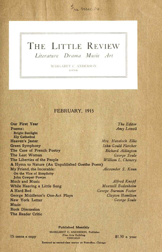 The Little Review, February 1915 (Vol. 1, No. 11), Ed. Margaret C. Anderson