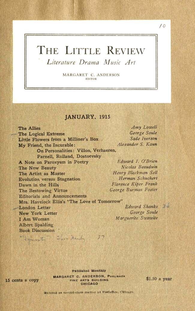 The Little Review, January 1915 (Vol. 1, No. 10), Ed. Margaret C. Anderson