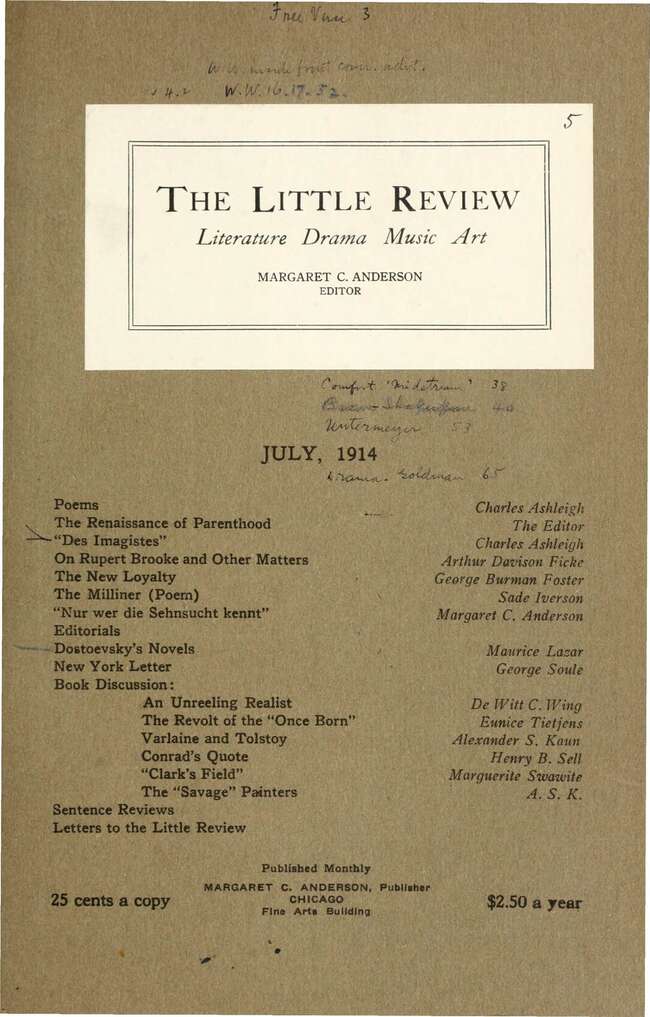 The Little Review, July 1914 (Vol. 1, No. 5), Ed. Margaret C. Anderson