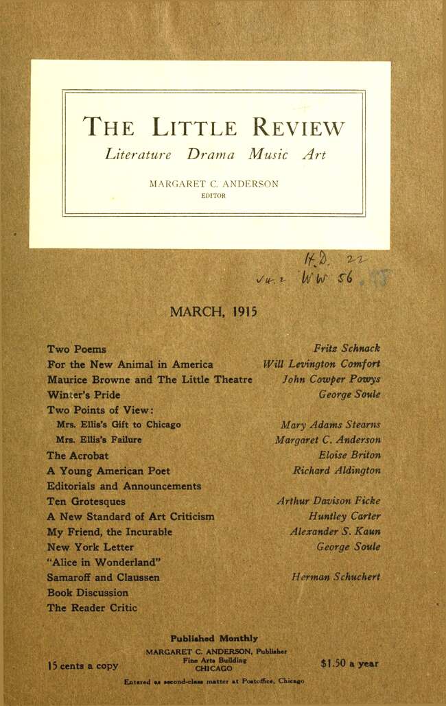 The Little Review, March 1915 (Vol. 2, No. 1), Ed. Margaret C. Anderson