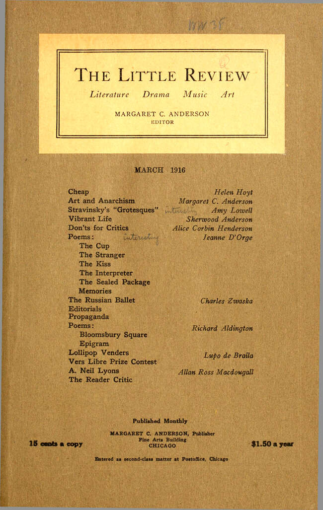 The Little Review, March 1916 (Vol. 3, No. 1), Ed. Margaret C. Anderson