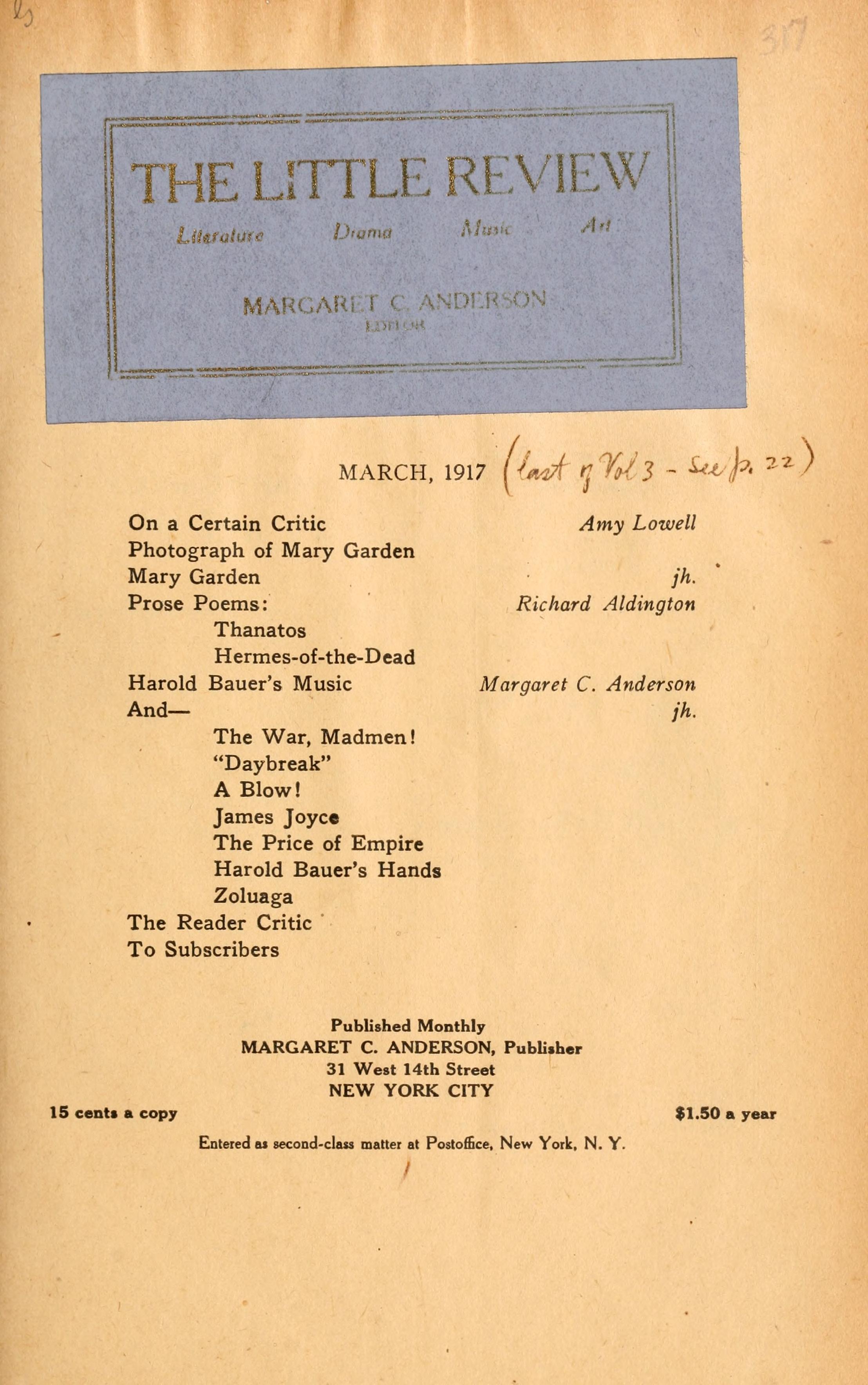 The Little Review, March 1917 (Vol. 3, No. 9)