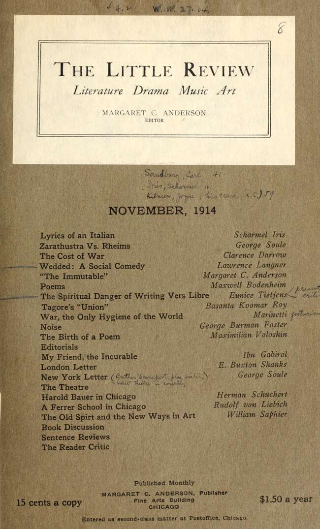 The Little Review, November 1914 (Vol. 1, No. 8), Ed. Margaret C. Anderson