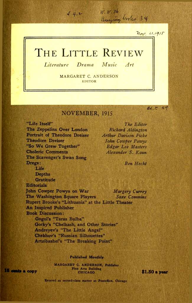 The Little Review, November 1915 (Vol. 2, No. 8), Ed. Margaret C. Anderson