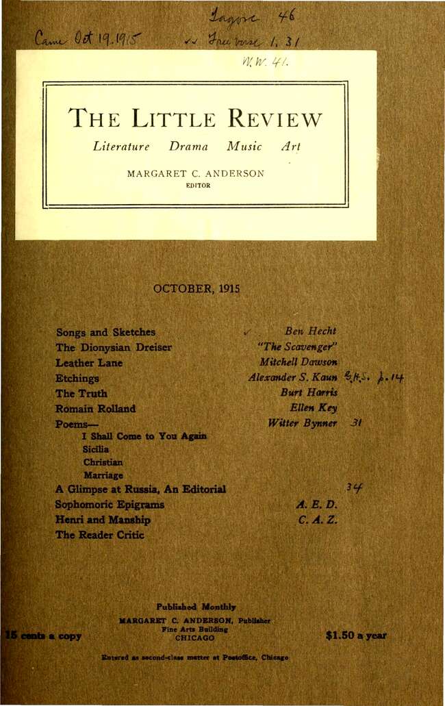 The Little Review, October 1915 (Vol. 2, No. 7), Ed. Margaret C. Anderson
