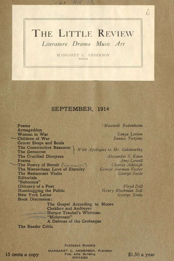 The Little Review, September 1914 (Vol. 1, No. 6), Ed. Margaret C. Anderson