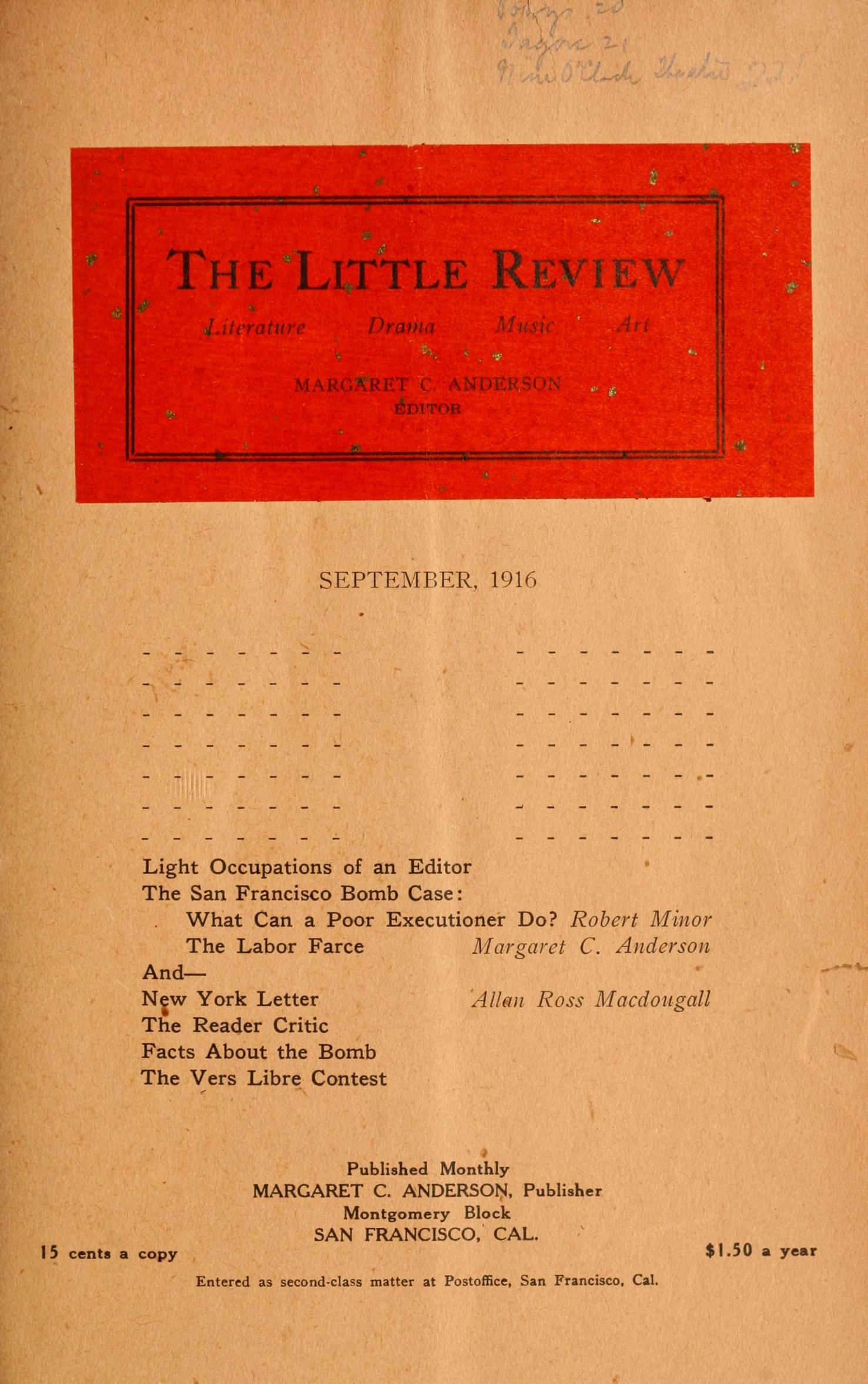The Little Review, September 1916 (Vol. 3, No. 6)