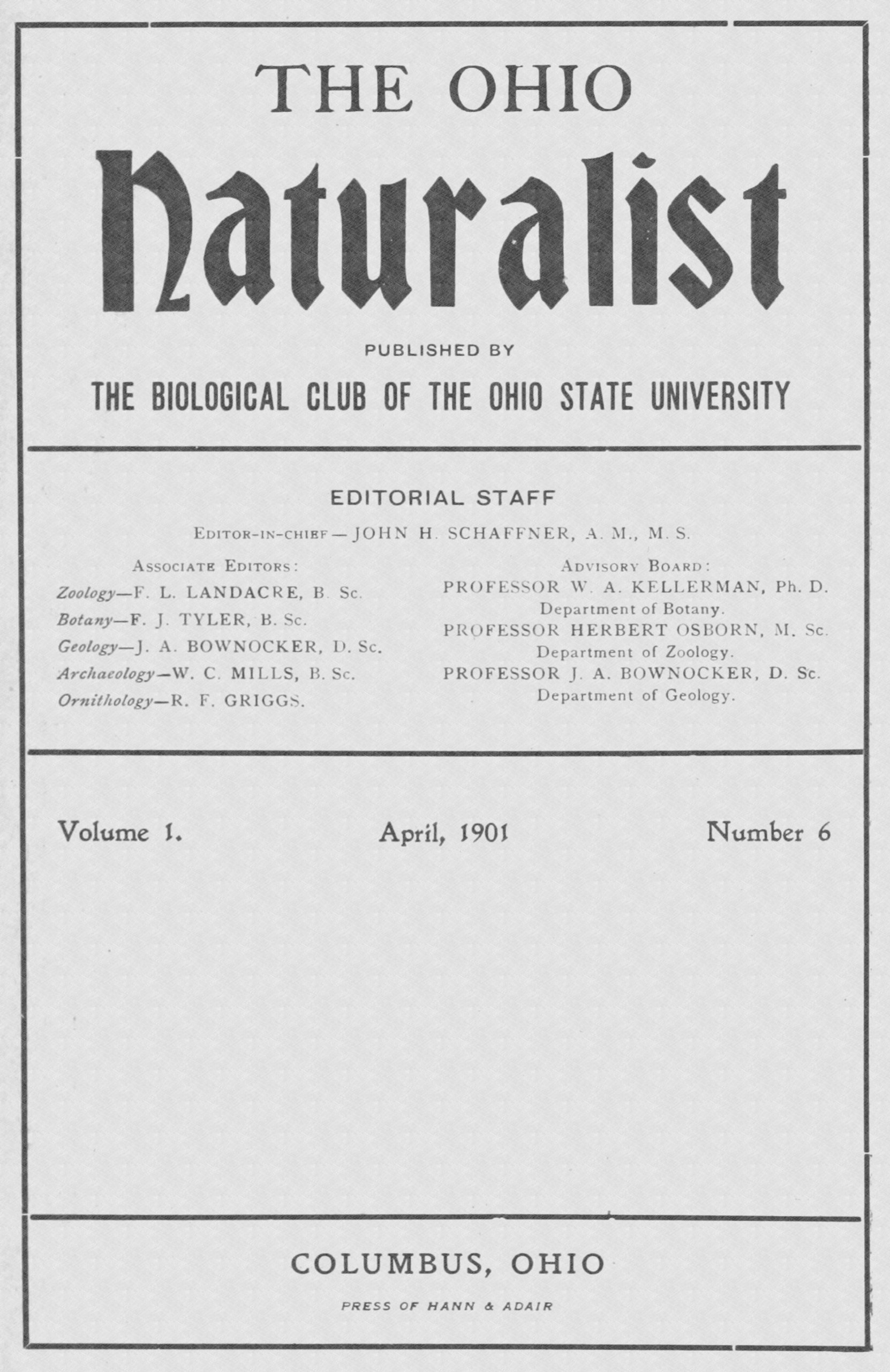 The Ohio Naturalist Volume I. April, 1901 Number 6