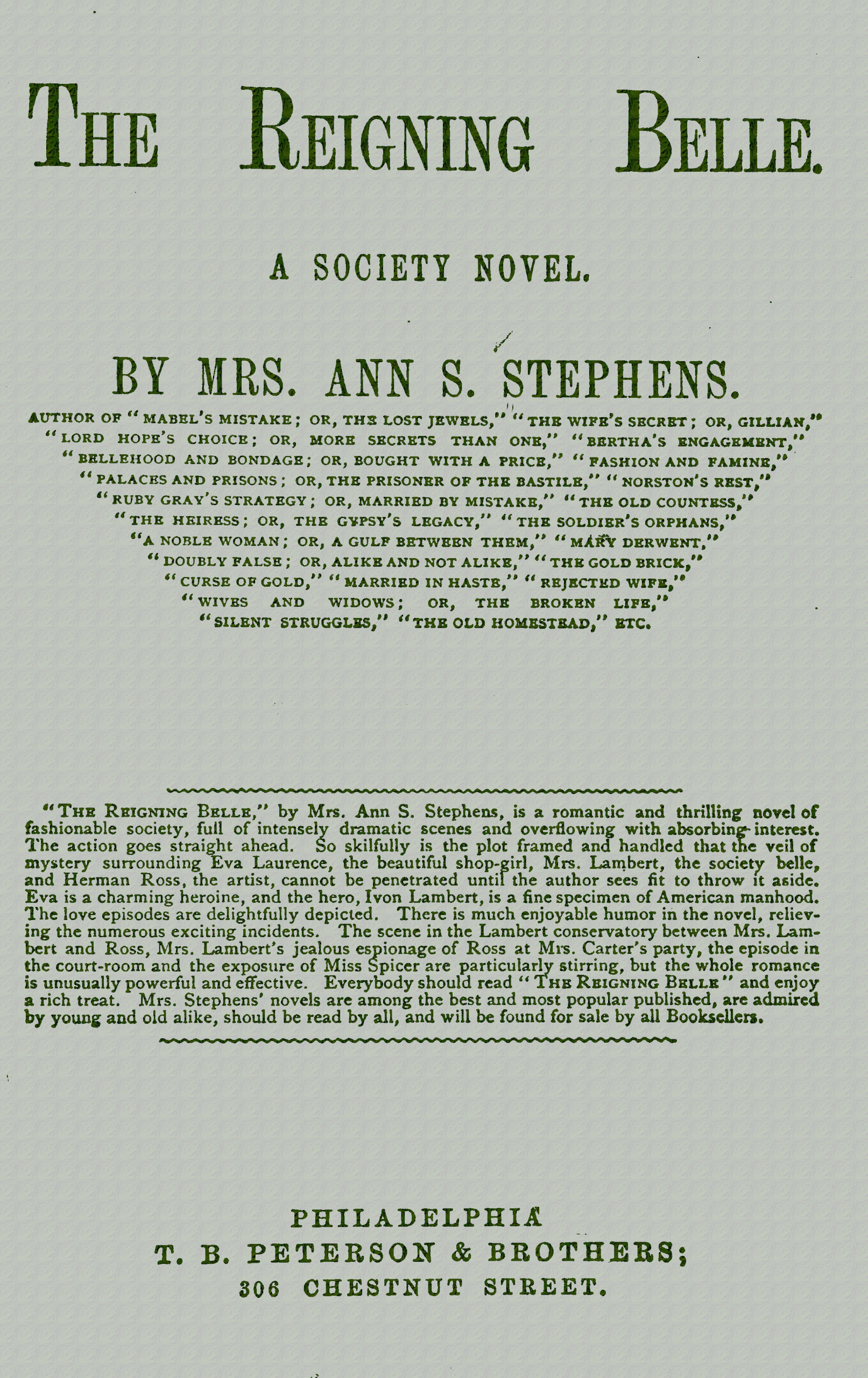 The reigning belle by Mrs. Ann S. Stephens